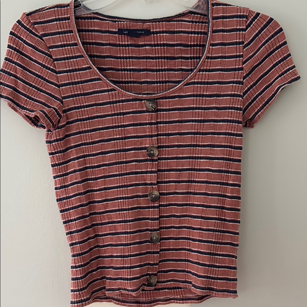 American Eagle Outfitters Pink and Black Ribbed Crop Button Down
